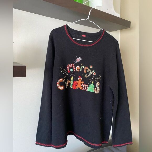 Merry Christmas Festive Holiday Sweater - Black Sweater Size Medium - Picture 2 of 5